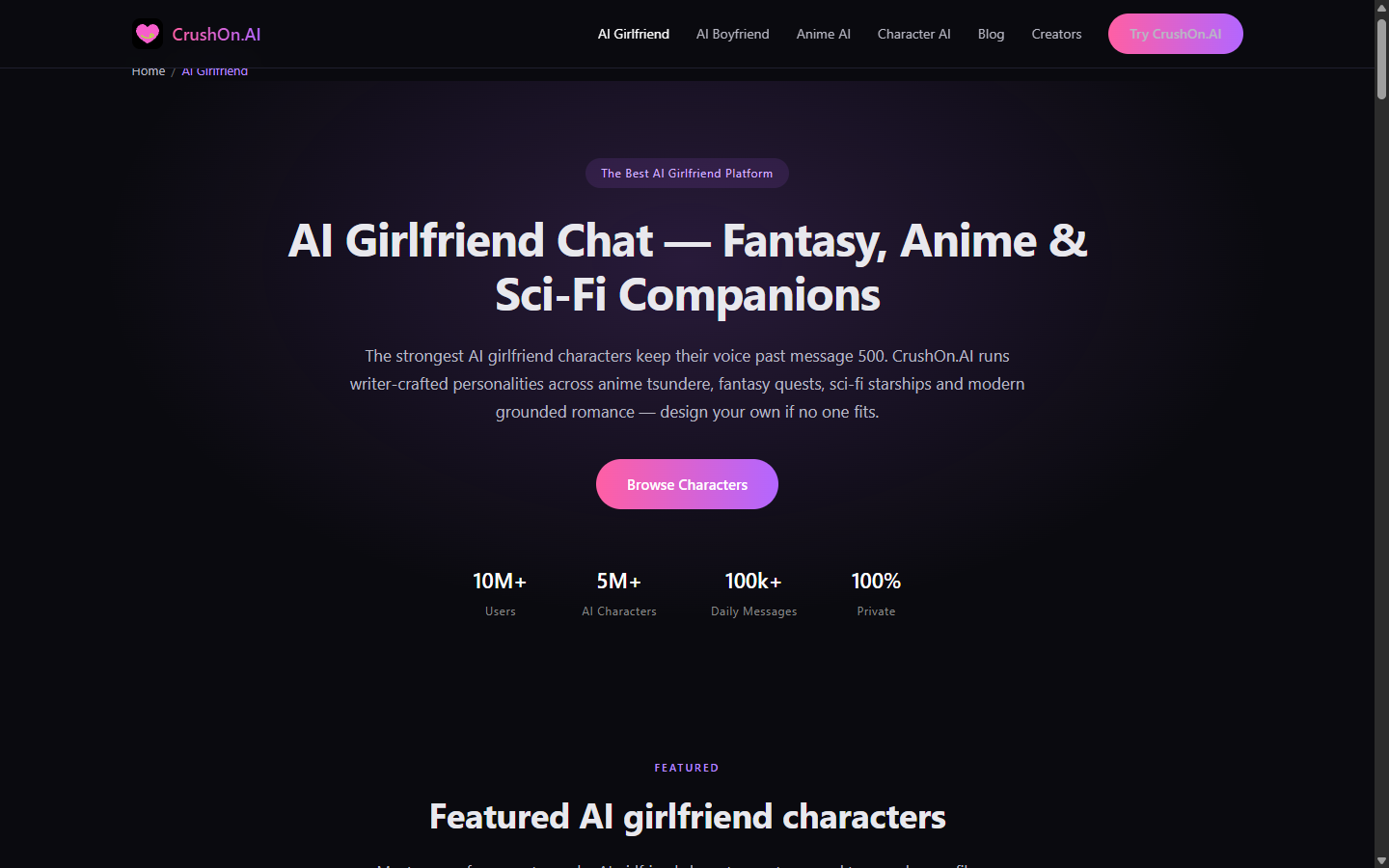 Public CrushOn.AI girlfriend landing page render with a dark hero and pink-purple button