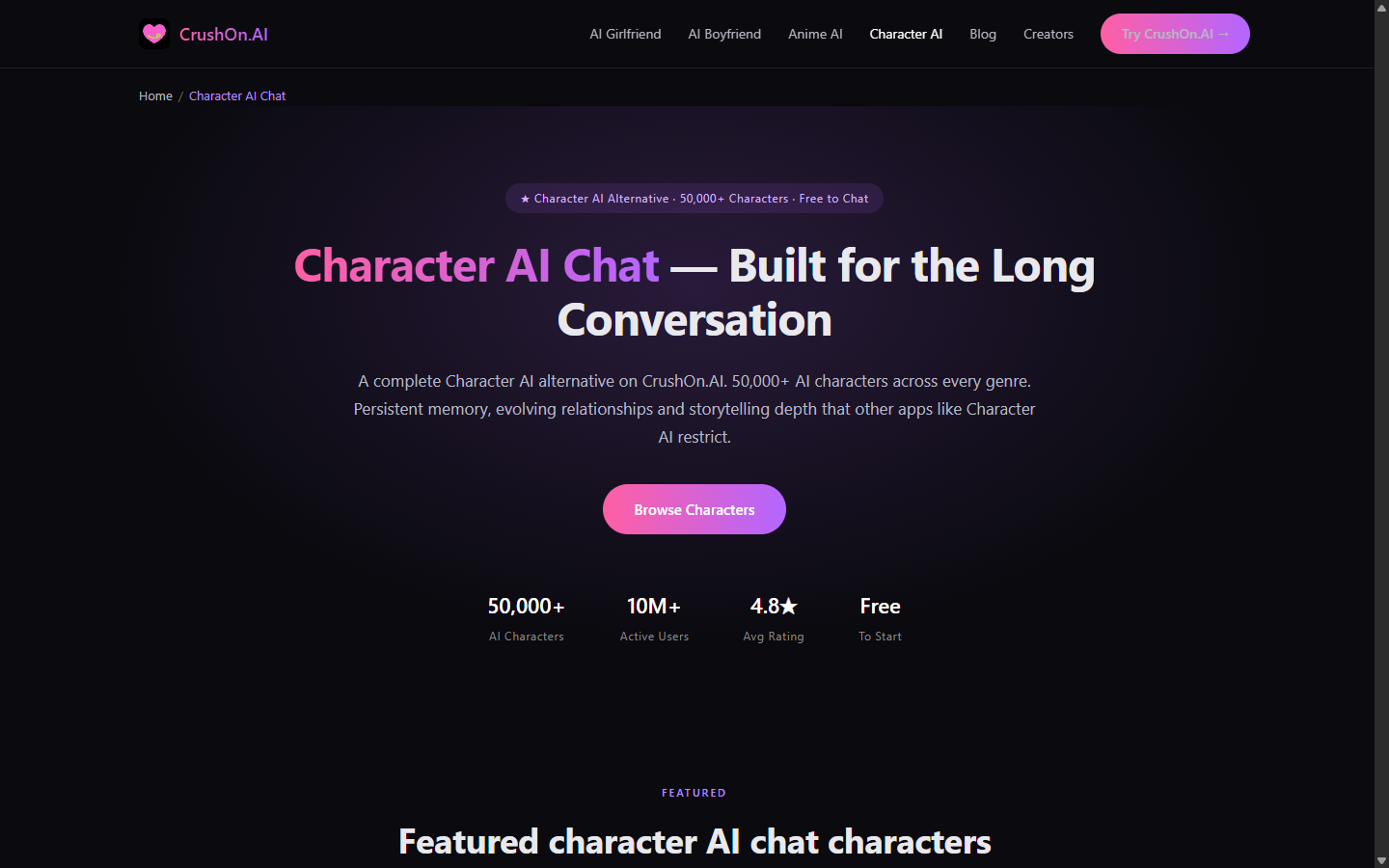 Public CrushOn.AI character AI page render with long-conversation headline