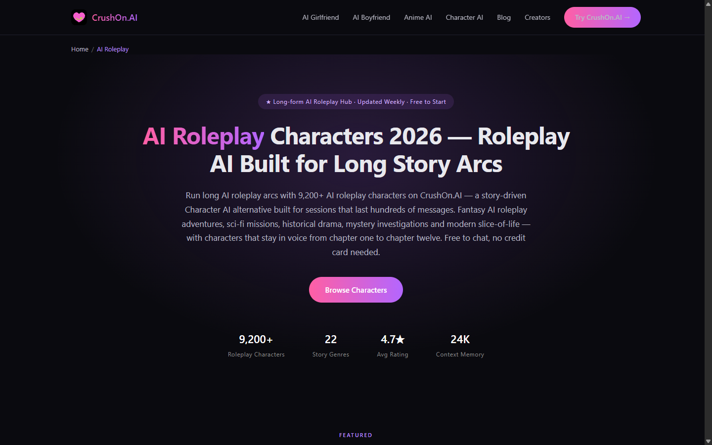 Public CrushOn.AI roleplay page render with long story arcs headline
